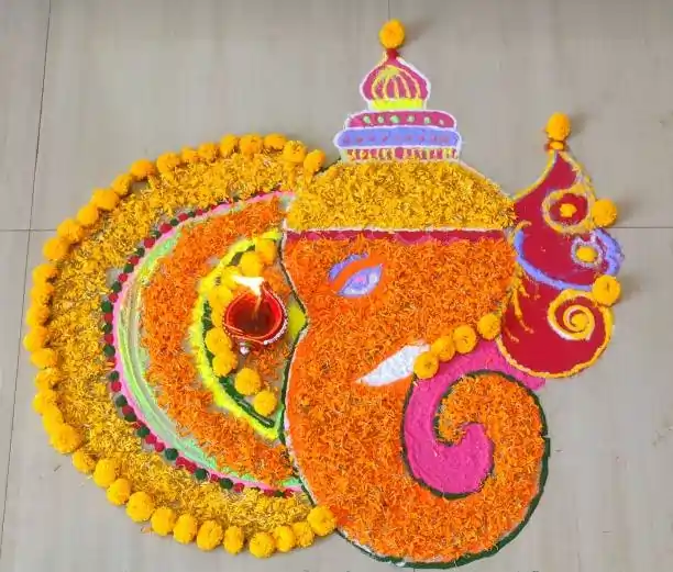 Ganesh with Flower Petals Rangoli Design